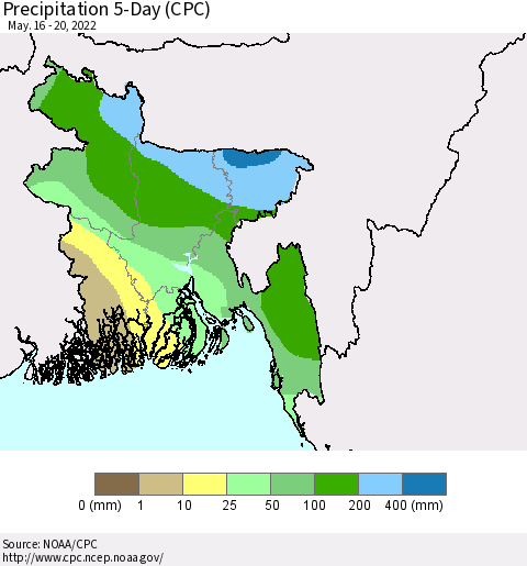 Bangladesh Precipitation 5-Day (CPC) Thematic Map For 5/16/2022 - 5/20/2022