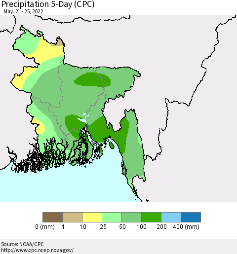 Bangladesh Precipitation 5-Day (CPC) Thematic Map For 5/21/2022 - 5/25/2022