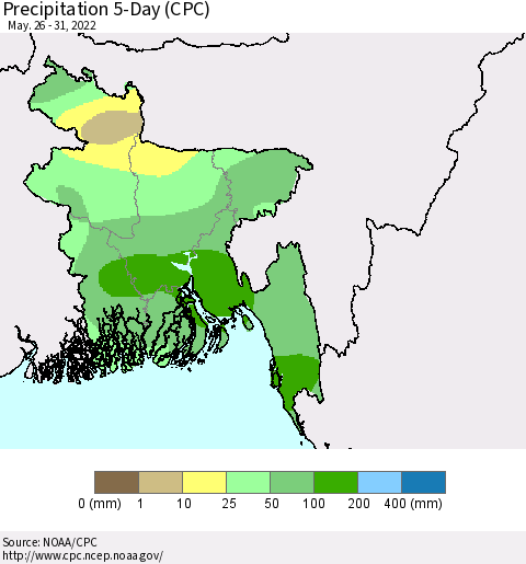 Bangladesh Precipitation 5-Day (CPC) Thematic Map For 5/26/2022 - 5/31/2022