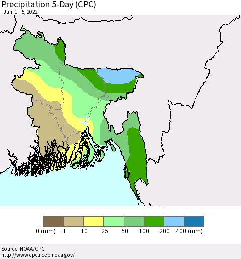 Bangladesh Precipitation 5-Day (CPC) Thematic Map For 6/1/2022 - 6/5/2022