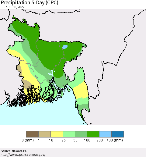 Bangladesh Precipitation 5-Day (CPC) Thematic Map For 6/6/2022 - 6/10/2022