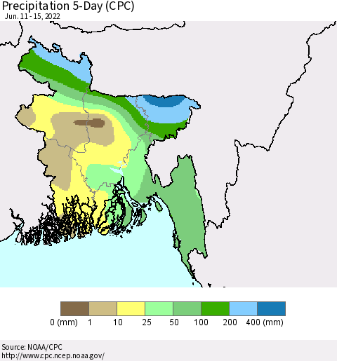 Bangladesh Precipitation 5-Day (CPC) Thematic Map For 6/11/2022 - 6/15/2022