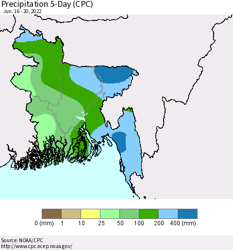 Bangladesh Precipitation 5-Day (CPC) Thematic Map For 6/16/2022 - 6/20/2022
