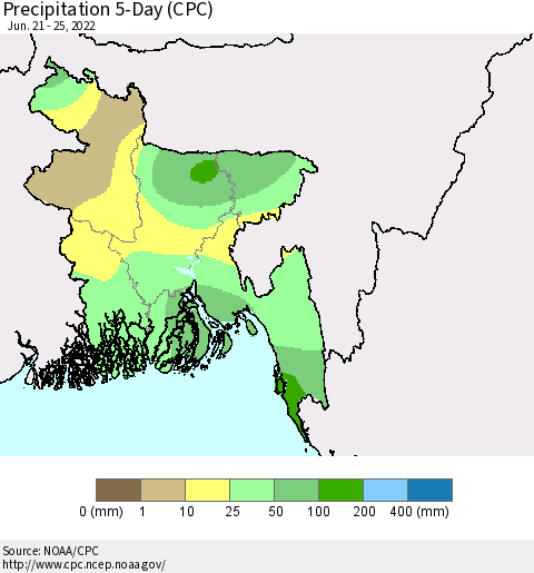 Bangladesh Precipitation 5-Day (CPC) Thematic Map For 6/21/2022 - 6/25/2022