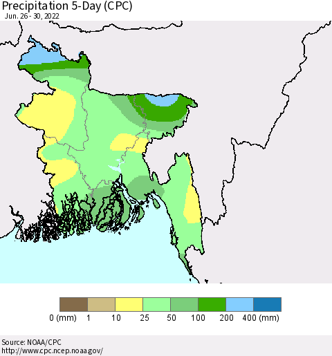 Bangladesh Precipitation 5-Day (CPC) Thematic Map For 6/26/2022 - 6/30/2022