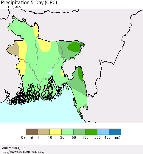Bangladesh Precipitation 5-Day (CPC) Thematic Map For 7/1/2022 - 7/5/2022
