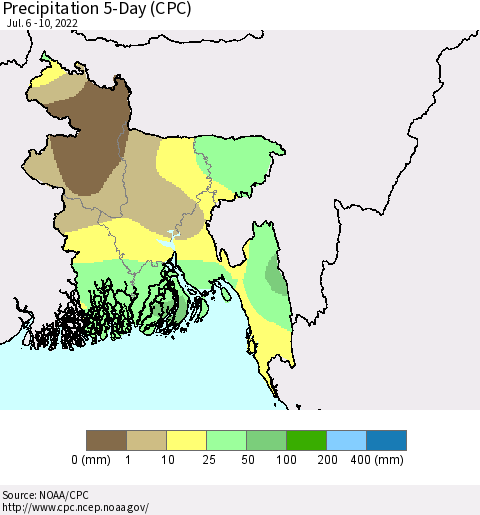 Bangladesh Precipitation 5-Day (CPC) Thematic Map For 7/6/2022 - 7/10/2022