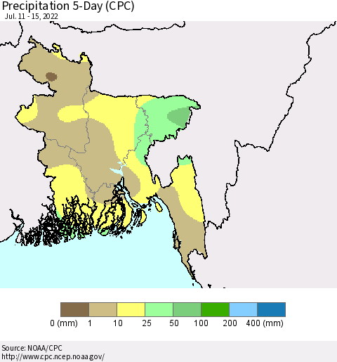 Bangladesh Precipitation 5-Day (CPC) Thematic Map For 7/11/2022 - 7/15/2022