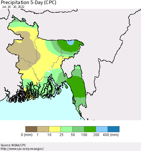 Bangladesh Precipitation 5-Day (CPC) Thematic Map For 7/16/2022 - 7/20/2022