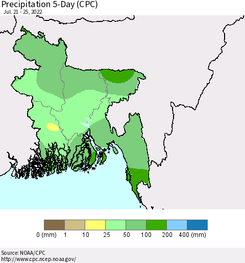 Bangladesh Precipitation 5-Day (CPC) Thematic Map For 7/21/2022 - 7/25/2022