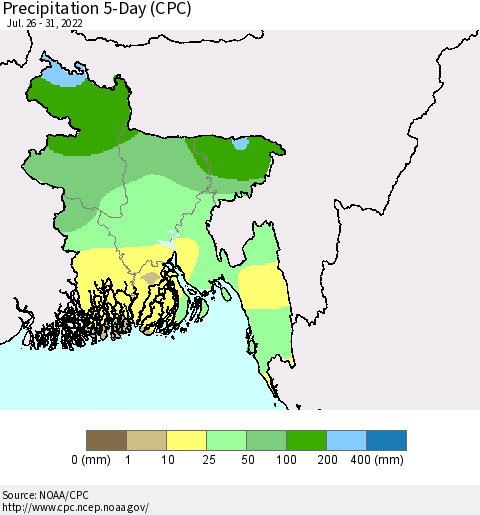 Bangladesh Precipitation 5-Day (CPC) Thematic Map For 7/26/2022 - 7/31/2022