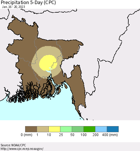 Bangladesh Precipitation 5-Day (CPC) Thematic Map For 1/16/2023 - 1/20/2023