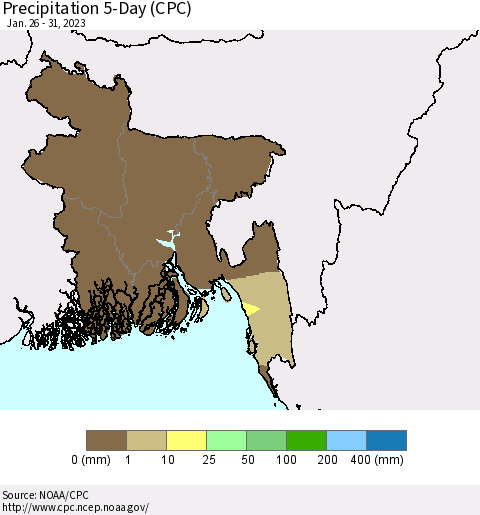 Bangladesh Precipitation 5-Day (CPC) Thematic Map For 1/26/2023 - 1/31/2023