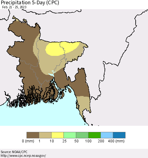 Bangladesh Precipitation 5-Day (CPC) Thematic Map For 2/21/2023 - 2/25/2023