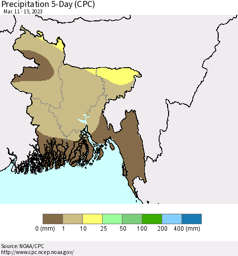 Bangladesh Precipitation 5-Day (CPC) Thematic Map For 3/11/2023 - 3/15/2023