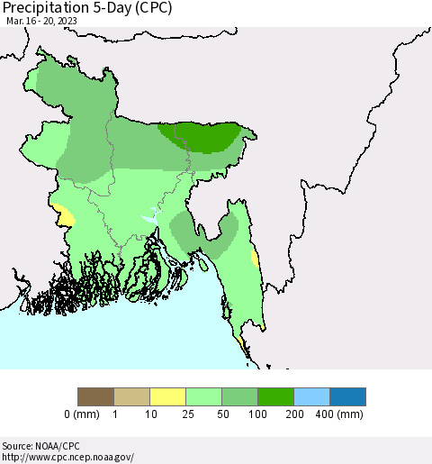 Bangladesh Precipitation 5-Day (CPC) Thematic Map For 3/16/2023 - 3/20/2023