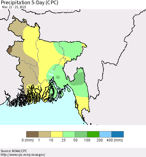 Bangladesh Precipitation 5-Day (CPC) Thematic Map For 3/21/2023 - 3/25/2023