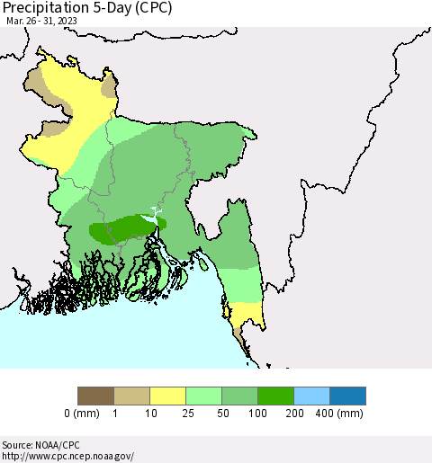 Bangladesh Precipitation 5-Day (CPC) Thematic Map For 3/26/2023 - 3/31/2023