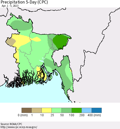 Bangladesh Precipitation 5-Day (CPC) Thematic Map For 4/1/2023 - 4/5/2023
