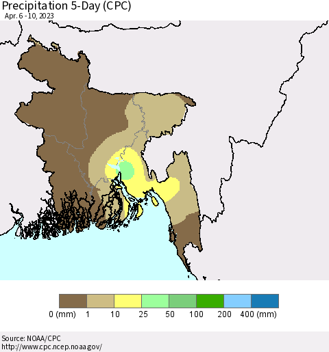 Bangladesh Precipitation 5-Day (CPC) Thematic Map For 4/6/2023 - 4/10/2023