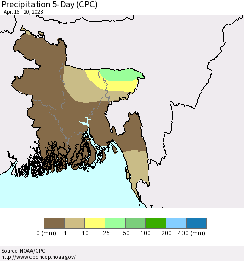 Bangladesh Precipitation 5-Day (CPC) Thematic Map For 4/16/2023 - 4/20/2023