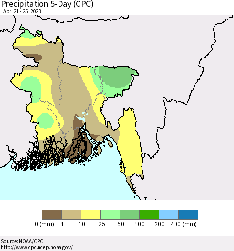 Bangladesh Precipitation 5-Day (CPC) Thematic Map For 4/21/2023 - 4/25/2023
