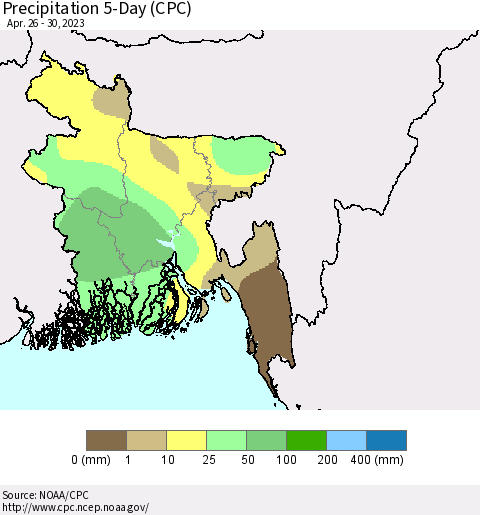 Bangladesh Precipitation 5-Day (CPC) Thematic Map For 4/26/2023 - 4/30/2023