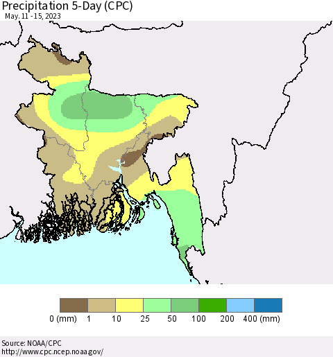 Bangladesh Precipitation 5-Day (CPC) Thematic Map For 5/11/2023 - 5/15/2023