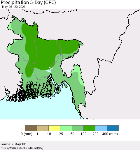 Bangladesh Precipitation 5-Day (CPC) Thematic Map For 5/16/2023 - 5/20/2023