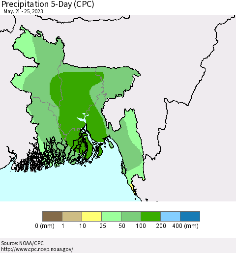 Bangladesh Precipitation 5-Day (CPC) Thematic Map For 5/21/2023 - 5/25/2023