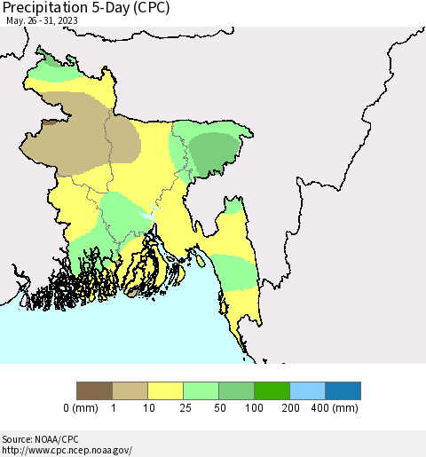 Bangladesh Precipitation 5-Day (CPC) Thematic Map For 5/26/2023 - 5/31/2023