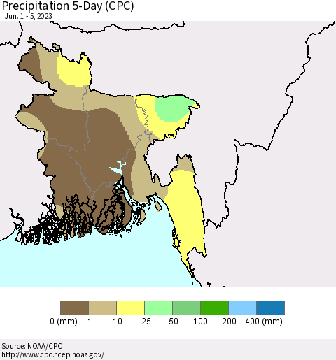 Bangladesh Precipitation 5-Day (CPC) Thematic Map For 6/1/2023 - 6/5/2023