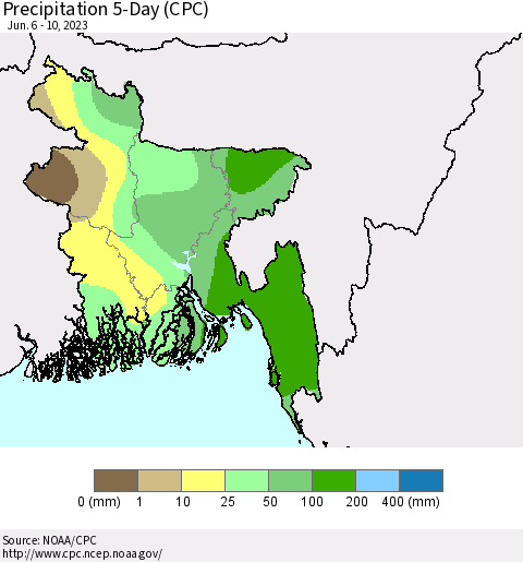 Bangladesh Precipitation 5-Day (CPC) Thematic Map For 6/6/2023 - 6/10/2023