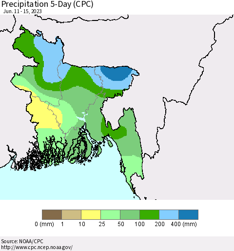 Bangladesh Precipitation 5-Day (CPC) Thematic Map For 6/11/2023 - 6/15/2023
