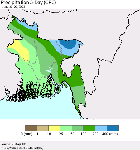 Bangladesh Precipitation 5-Day (CPC) Thematic Map For 6/16/2023 - 6/20/2023