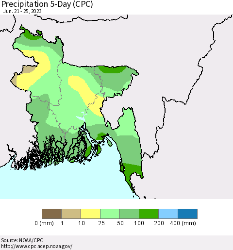 Bangladesh Precipitation 5-Day (CPC) Thematic Map For 6/21/2023 - 6/25/2023