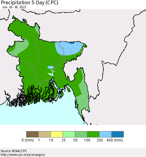 Bangladesh Precipitation 5-Day (CPC) Thematic Map For 6/26/2023 - 6/30/2023
