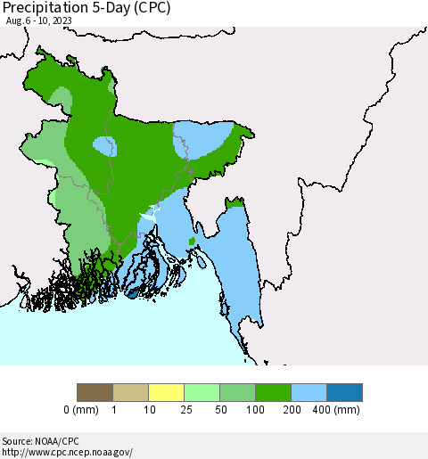 Bangladesh Precipitation 5-Day (CPC) Thematic Map For 8/6/2023 - 8/10/2023
