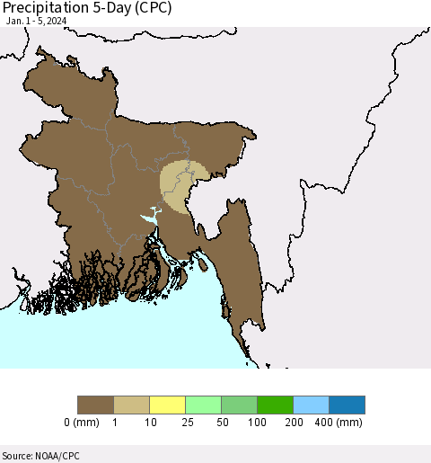 Bangladesh Precipitation 5-Day (CPC) Thematic Map For 1/1/2024 - 1/5/2024