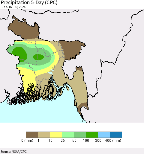 Bangladesh Precipitation 5-Day (CPC) Thematic Map For 1/16/2024 - 1/20/2024