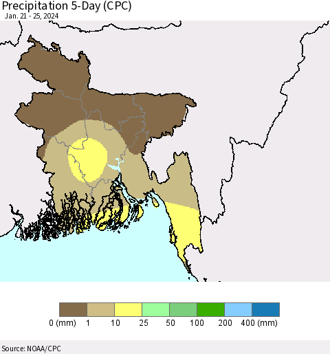 Bangladesh Precipitation 5-Day (CPC) Thematic Map For 1/21/2024 - 1/25/2024