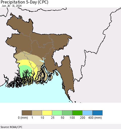 Bangladesh Precipitation 5-Day (CPC) Thematic Map For 1/26/2024 - 1/31/2024