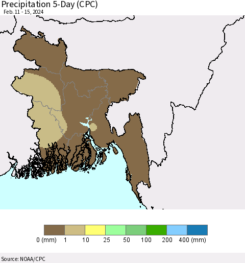 Bangladesh Precipitation 5-Day (CPC) Thematic Map For 2/11/2024 - 2/15/2024