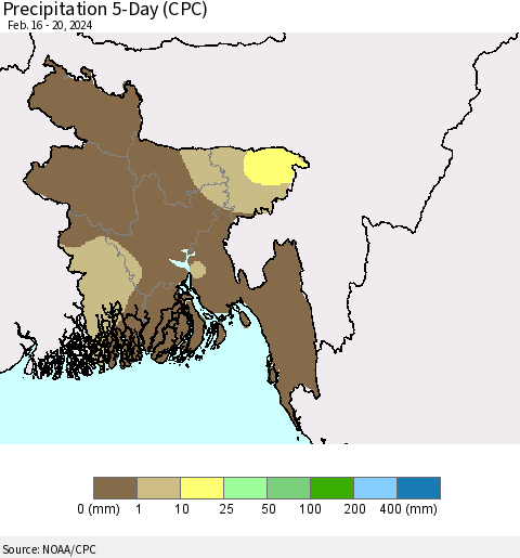 Bangladesh Precipitation 5-Day (CPC) Thematic Map For 2/16/2024 - 2/20/2024