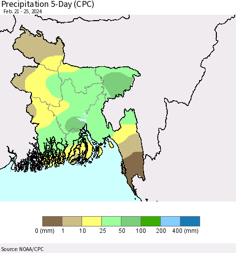 Bangladesh Precipitation 5-Day (CPC) Thematic Map For 2/21/2024 - 2/25/2024