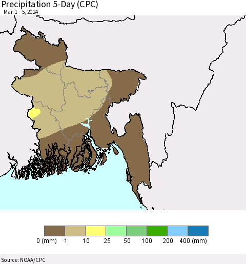 Bangladesh Precipitation 5-Day (CPC) Thematic Map For 3/1/2024 - 3/5/2024