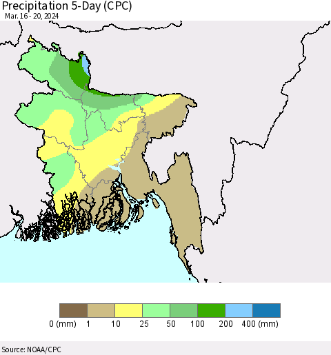 Bangladesh Precipitation 5-Day (CPC) Thematic Map For 3/16/2024 - 3/20/2024