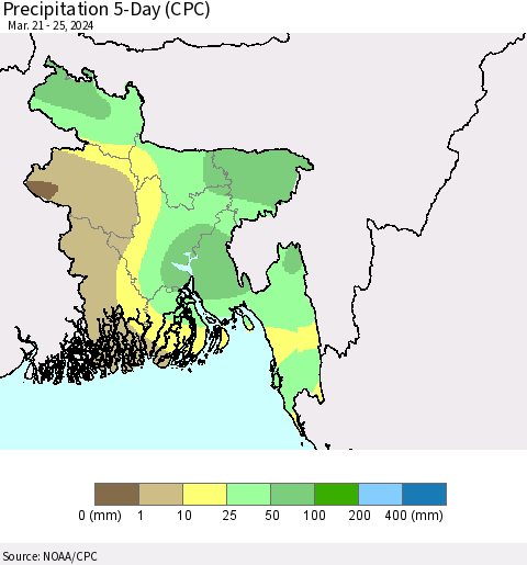 Bangladesh Precipitation 5-Day (CPC) Thematic Map For 3/21/2024 - 3/25/2024