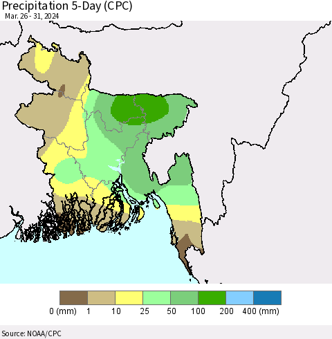 Bangladesh Precipitation 5-Day (CPC) Thematic Map For 3/26/2024 - 3/31/2024