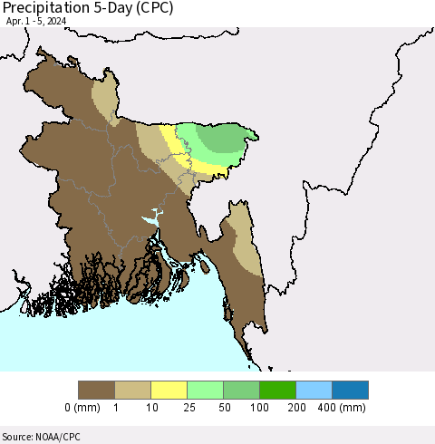 Bangladesh Precipitation 5-Day (CPC) Thematic Map For 4/1/2024 - 4/5/2024